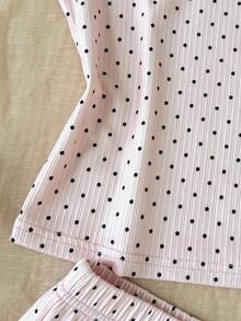 SHEIN Tween Girls Tween Girl Lace Patchwork Simple Fashion Polka Dot Versatile Comfortable Camisole & Shorts Set Loungewear - Pink - View 5