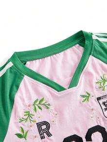 ACID BLVD 春夏 Y2K 辣妹運動風世界盃花卉數位徽章刺繡撞色緊身球衣 T-shirt - 粉色 - 查看 3