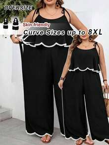 SHEIN CURVE+ 大尺碼女款休閒傳統波西米亞風度假純色紋理寬鬆連身褲 商務正式 黑白配色 夏季早午餐 - 黑色 - 查看 7