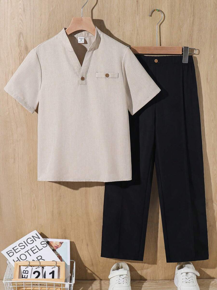 SHEIN 兒童青少年男孩休閒V領短袖上衣與長褲套裝 - 彩色 - 查看 1