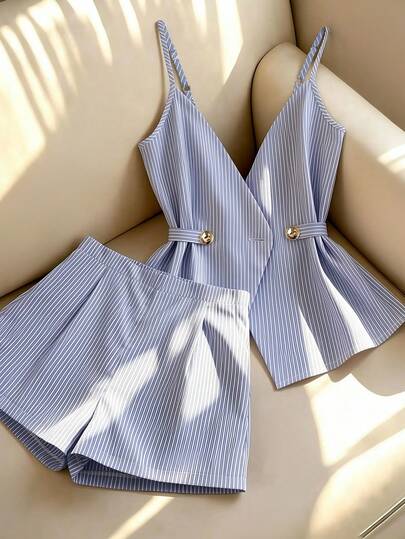 Franclia Women's Elegant 2-Piece Set, Women's Striped 2-Piece Set, Women's Casual 2-Piece Set, Women's Camisole, Women's Sleeveless Camisole, Women's Wide Leg Pants, Women's Casual Set, Daily Wear, Spring Outfit, Summer Outfit, Vacation Set, Spring Set, Camisole 2-Piece Set, Casual Set