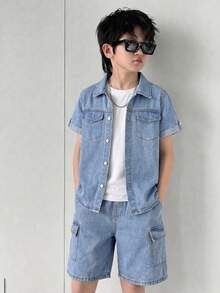 Tween Boys 2-Piece Set Fashion Casual Y2K Vintage Street Style Washed Light Blue Denim Short Sleeve Shirt And Multi-Pocket Cargo Shorts Outfit, Suitable For Daily Wear And Back To School Season - Light Wash - View 3