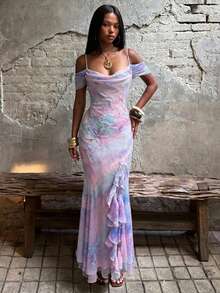 SHEIN BAE Spring/Summer Solid Light Pink Floral Gradient Print Women's Rhinestone Vintage Retro Elegant Romantic Maxi Dress Vacation - Pink - View 3