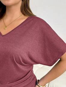 Shapeblank Plus Size Women Solid Color V-Neck Pleated Casual Versatile Daily Wear T-Shirt Club Formal Dark Purple Summer - Burgundy - View 7