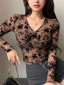DAZY 夏季花卉植絨網紗棕色蕾絲女款修身優雅透視長袖上衣，適合婚禮、宴會、派對 - 棕色 - 查看 4