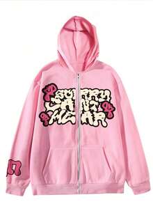 Manfinity Dauomo Men's Contrast Color Letter Print Zip Up Hooded Sweatshirt, For Fall, Long Sleeve Top, Y2K - Pink - View 4