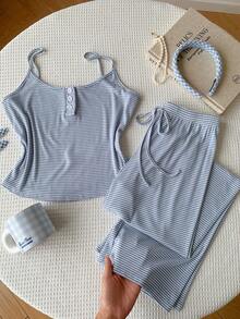 Comfortcana Striped Soft Casual Camisole Pajama Set - Blue - View 1