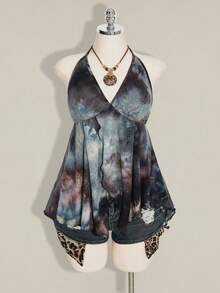 SHEIN ICON 女款大尺碼春夏復古牛仔波希米亞風性感休閒時尚街頭Y2K沙灘度假演唱會假期V領細肩帶背心上衣 嬰兒藍 - 黑色 - 查看 8