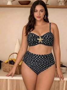 Swim Chiccia Plus Size Black Swimwear Set With Metal Starfish Decoration Simple Sexy Elegant European And American Style Party Vacation Summer - Black and White - View 5