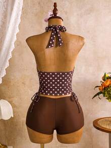 Swim Vcay Women's Summer Casual Vacation Polka Dot Halter Top And Hipster Tankini Bottom Tankini Set - Coffee Brown - View 3