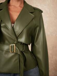 Lumalex Chaqueta casual de manga larga raglán de cuero PU de unicolor para mujer - Verde Oliva - Ver 5