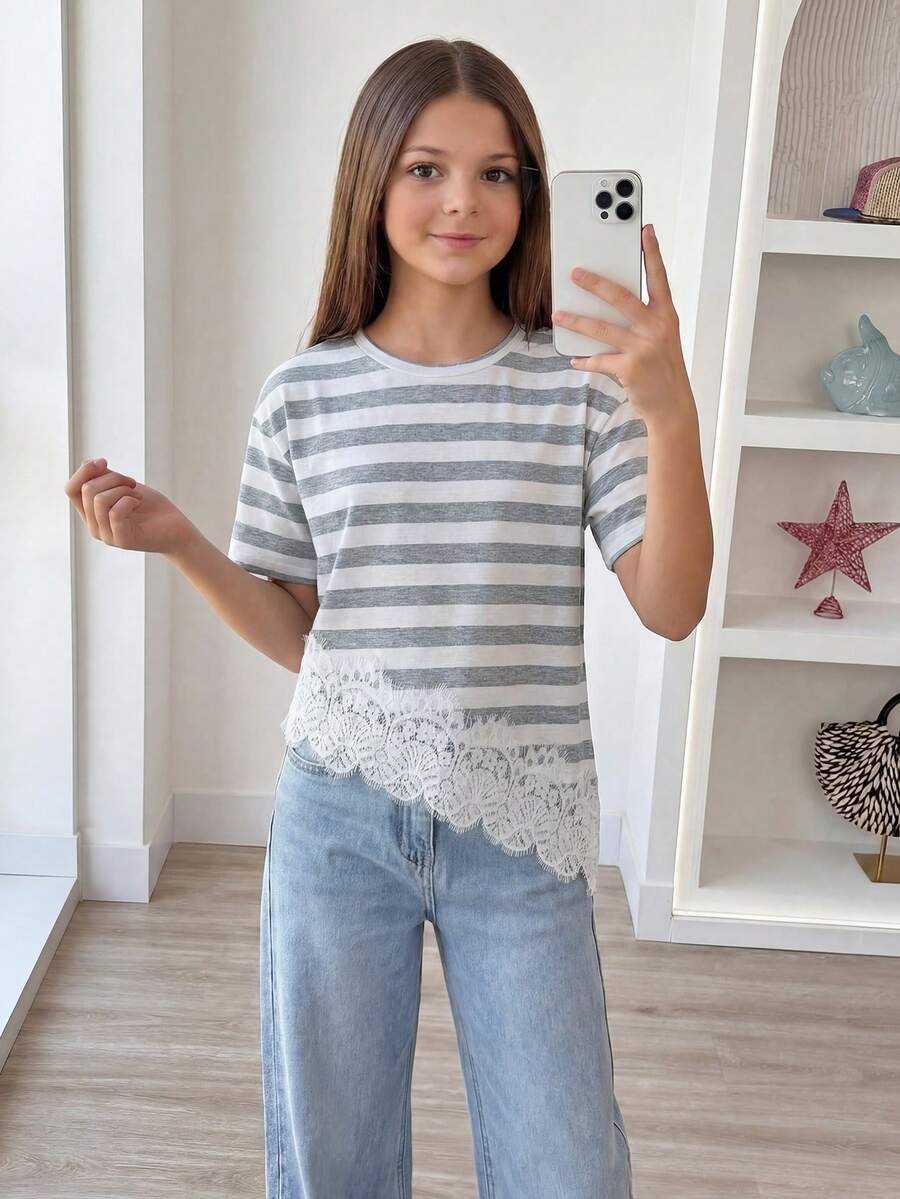 Elladie kids 青少年女孩條紋對比蕾絲不對稱下擺T恤