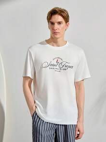 VeloEdit Men's Letter Print Round Neck Short Sleeve Casual Standard T-Shirt - White - View 4