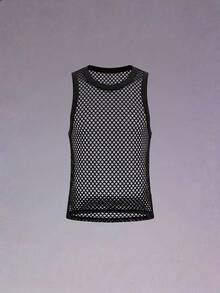 DSELFIQUE Men's Summer Solid Color Mesh Round Neck Sexy Tank Top, Men Tank Top, Holiday - Black - View 2