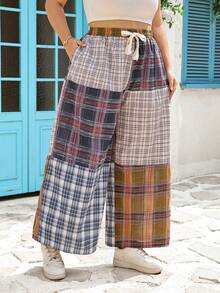 SHEIN CURVE+ Plus Size Plaid Patchwork Retro Style Pants Fall - Multicolor - View 5