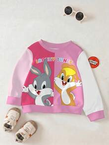 LOONEY TUNES X SHEIN 女嬰圓領字母卡通圖案拼色休閒日常長袖運動衫 - 白色 - 查看 1