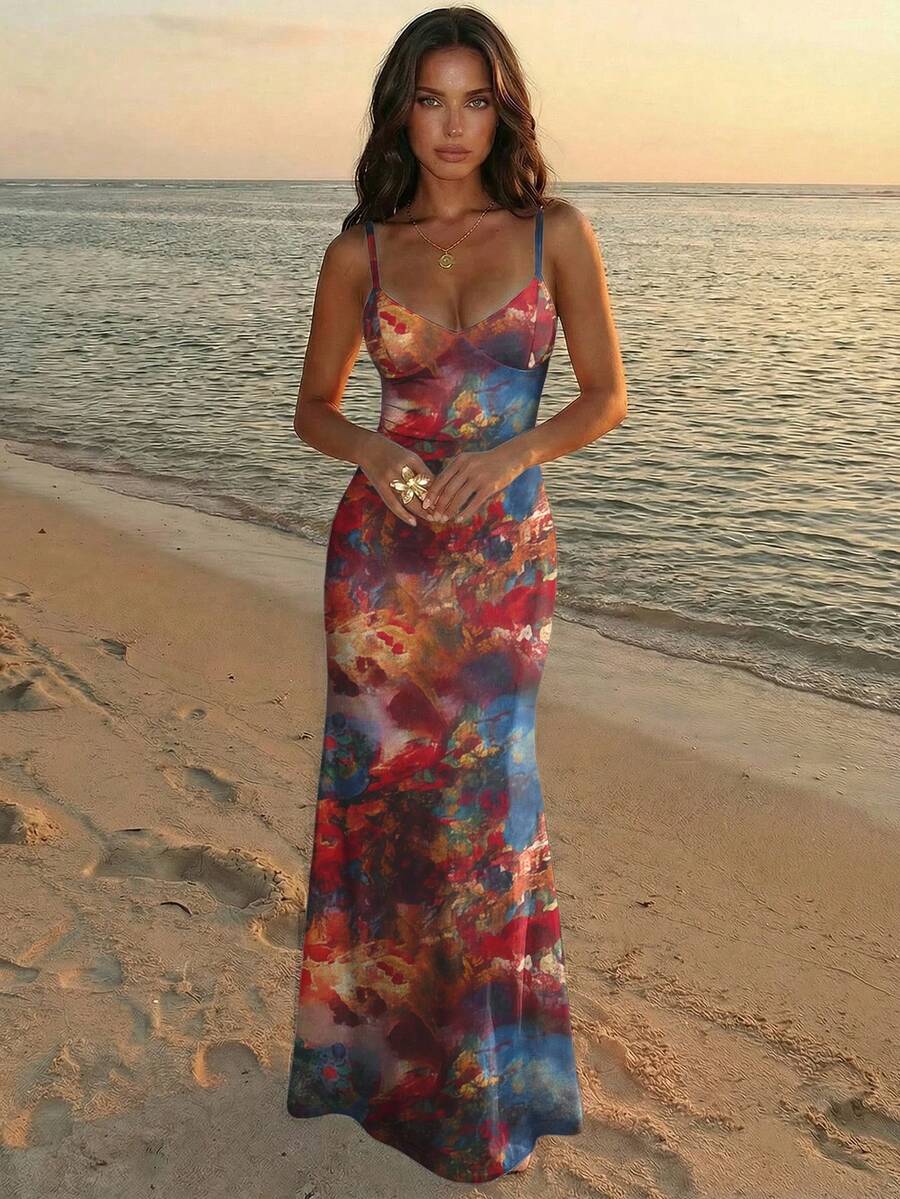 Aloruh 春夏度假風細肩帶綁帶修身性感花卉印花女款洋裝 - 彩色 - 查看 1