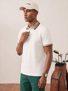 Manfinity Homme Men's Knitted Jacquard Solid Color Textured Ribbed Collar 3-Button Polo Shirt - White - View 4