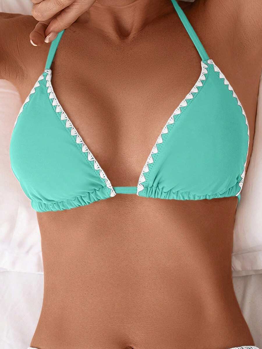 Swim Basics 女款拼色百褶掛脖綁帶比基尼上衣 - 薄荷綠 - 查看 1