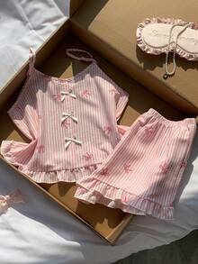 Comfortcana Cute Bow Decor Pink Striped Bow Print Camisole & Shorts Pajama Set - Pink - View 4