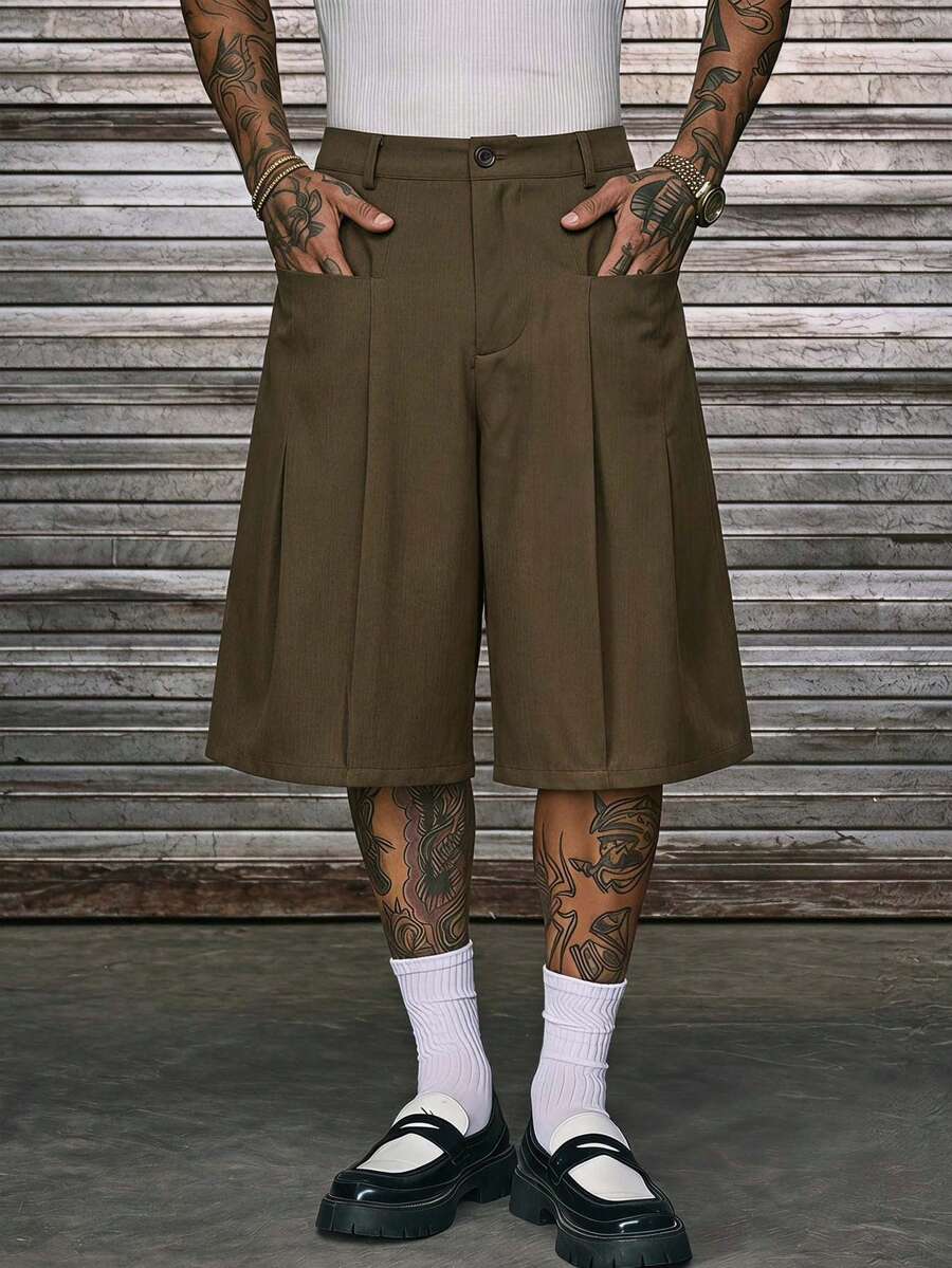 AXEPEAK Men's Summer Casual Solid Color Wide Leg Shorts - Brown - View 1