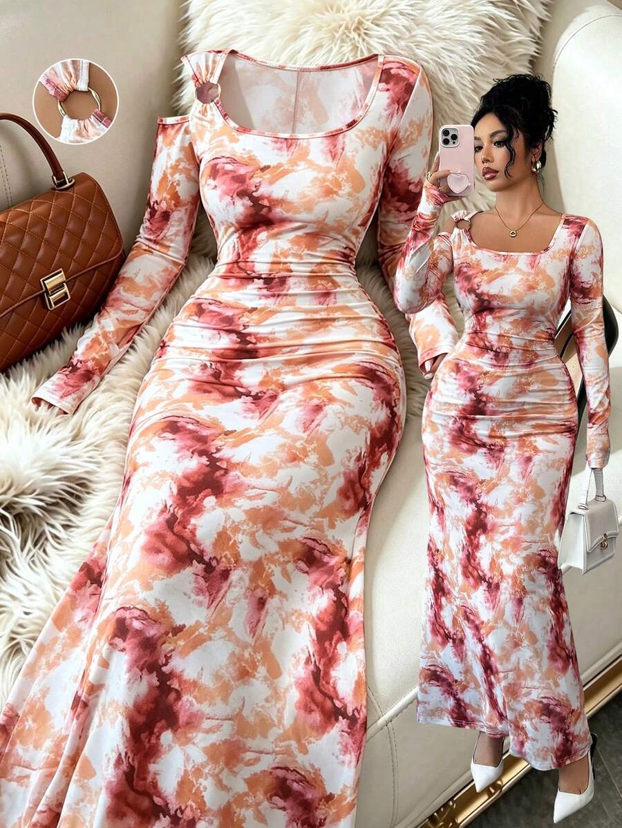 Elenzga 秋季新款法式油画风优雅淑女优雅时尚高端设计不对称金属扣方领修身A字褶皱遮肚露肩日常穿长袖连衣裙秋冬 - 彩色 - 查看 1
