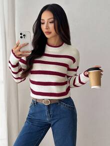 SHEIN PETITE 女款立領黑白條紋長袖極簡毛衣，休閒日常小碼版型，適合秋冬穿著 - 酒紅色 - 查看 4
