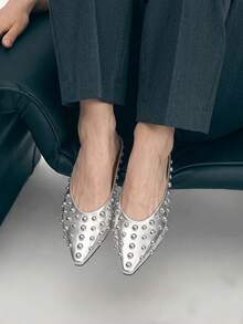 Mnmlis Zapatos de moda para mujer con punta cuadrada pequeña, remaches y diseño calado - Plateado - Ver 3