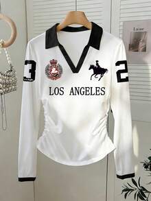 Resyla Black And White Color-Blocked Long-Sleeve Top With A Lapel, Los Angeles Print, Slim-Fit Ruched Polo - White - View 3