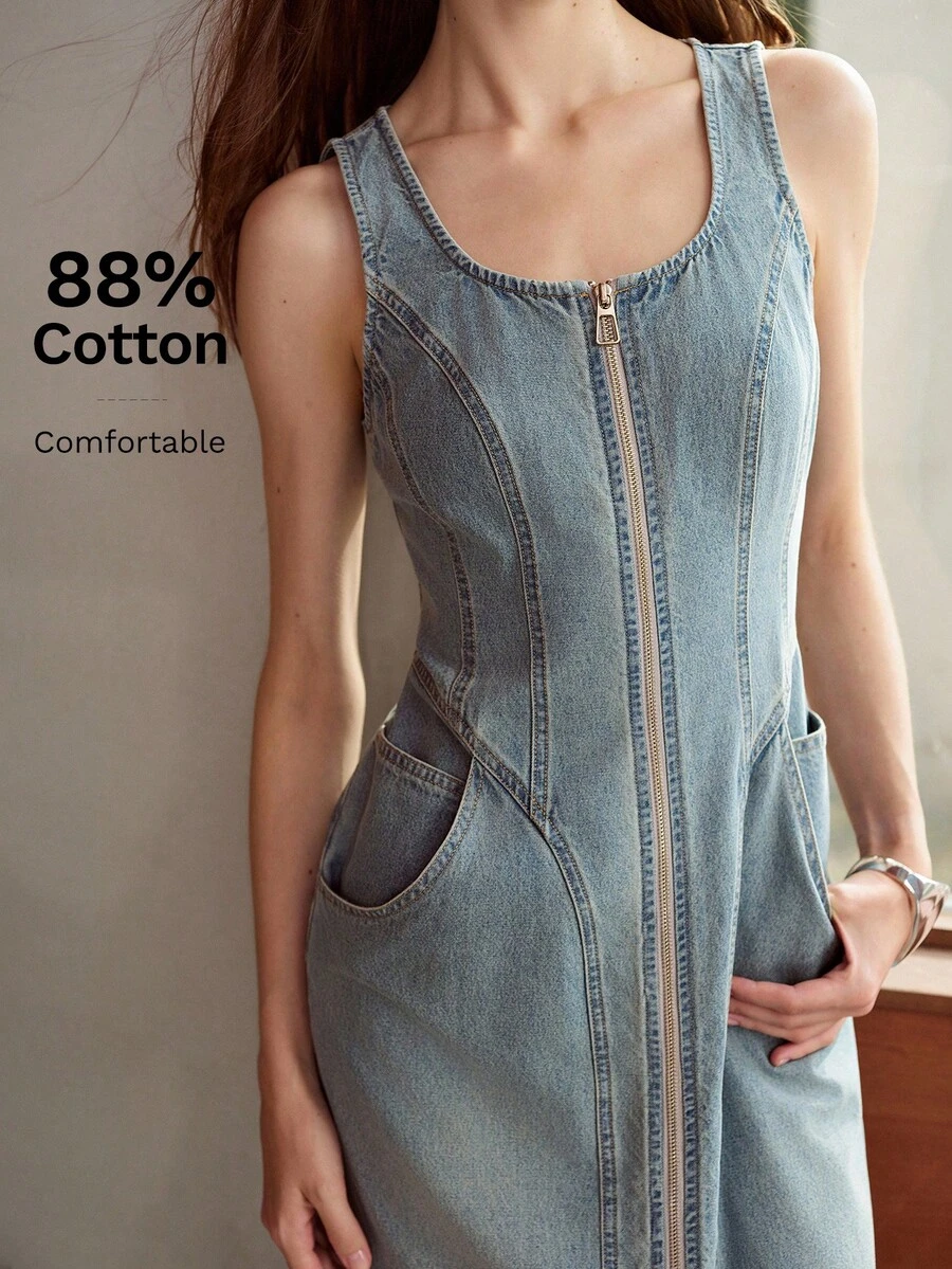 MOTF ZIP FRONT SLIM FIT DENIM DRESS - Light Wash - View 2