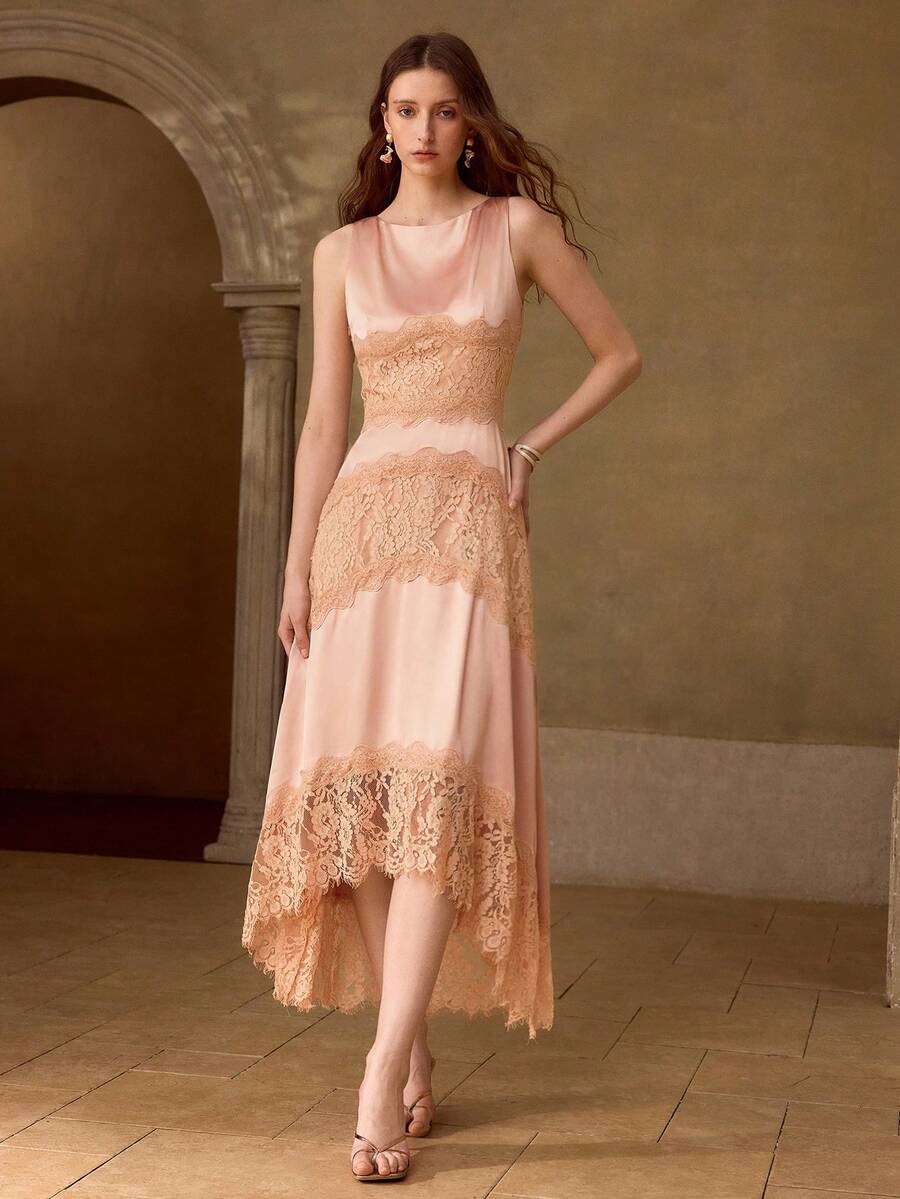 MOTF PREMIUM Damen Satinkleid mit Kontrastspitze, ärmellos, asymmetrischem Saum, lang - Orange - Übersicht 1