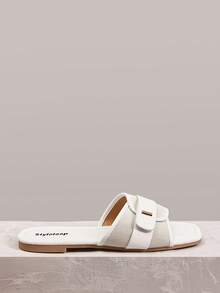 Styleloop Women Shoes Multi-Colored Canvas Splicing Square Toe Flat Bottom Cross Sandals, Simple Casual Style, Suitable For Daily Commuting, Vacation Travel - White 4 - View 2