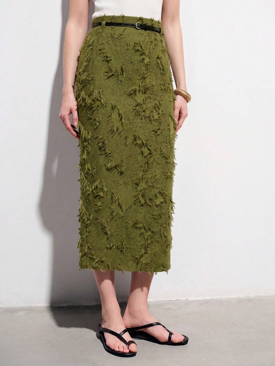 Aveloria Modichic Zebra Print Animal Pattern Random Print High Waist Straight Skirt With Belt, Minimalist Elegant Commute Old Money Style Versatile Skirt - Army Green - View 1