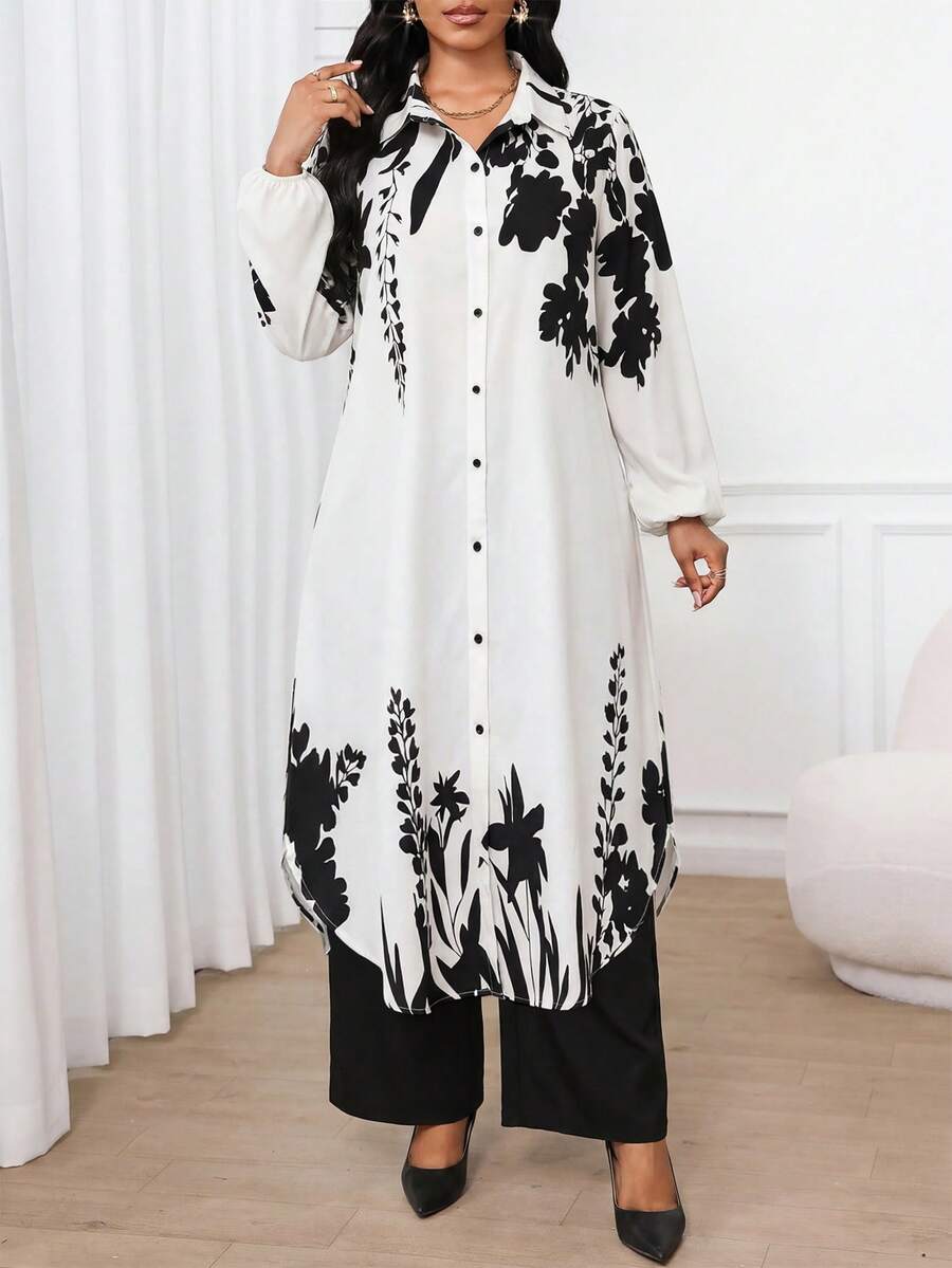 SHEIN Lady Women's Black And White Black Shirt And Pants 2 Pieces Set Brunch Autumn Modest Elegant - Multicolor - View 1