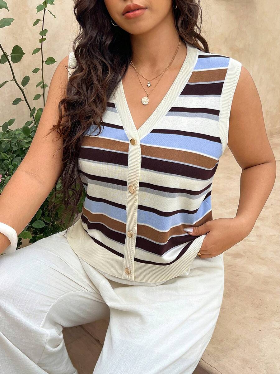 SHEIN Frenchy 大尺碼女款條紋單排扣休閒針織背心 秋冬款