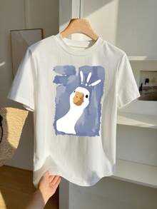 INAWLY Cartoon Graphic Drop Shoulder Oversize Tee For Summer Graphic Tees Women Tops - White - View 1