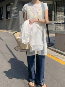 DAZY Women's Solid Color Casual Korean Style Knit Top Summer School - White - View 6