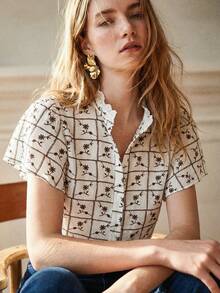 SHEIN Summer Tops, Festival Clothing, Outdoor Tops, Elegant Tops, Holiday Suits, Casual Tops, Business Suits, Country Style, Check Pattern White Shirt - White - View 4