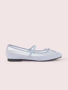 CUCCOO DOLLMOD Retro French Splicing Mesh Bow Elegant Mary Jane Shoes Women's Fashion Simple Commuting Spring New Blue Low Vamp Round Toe Flat Shoes - Light blue - View 5