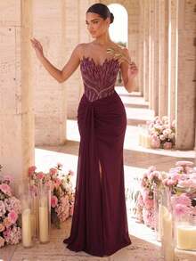 Glamrae Women's Strapless Colorblock Pleated Elegant Formal Vow Waist-Cinching Evening Prom Party Dress Wedding Burgundy Summer - Red - View 1