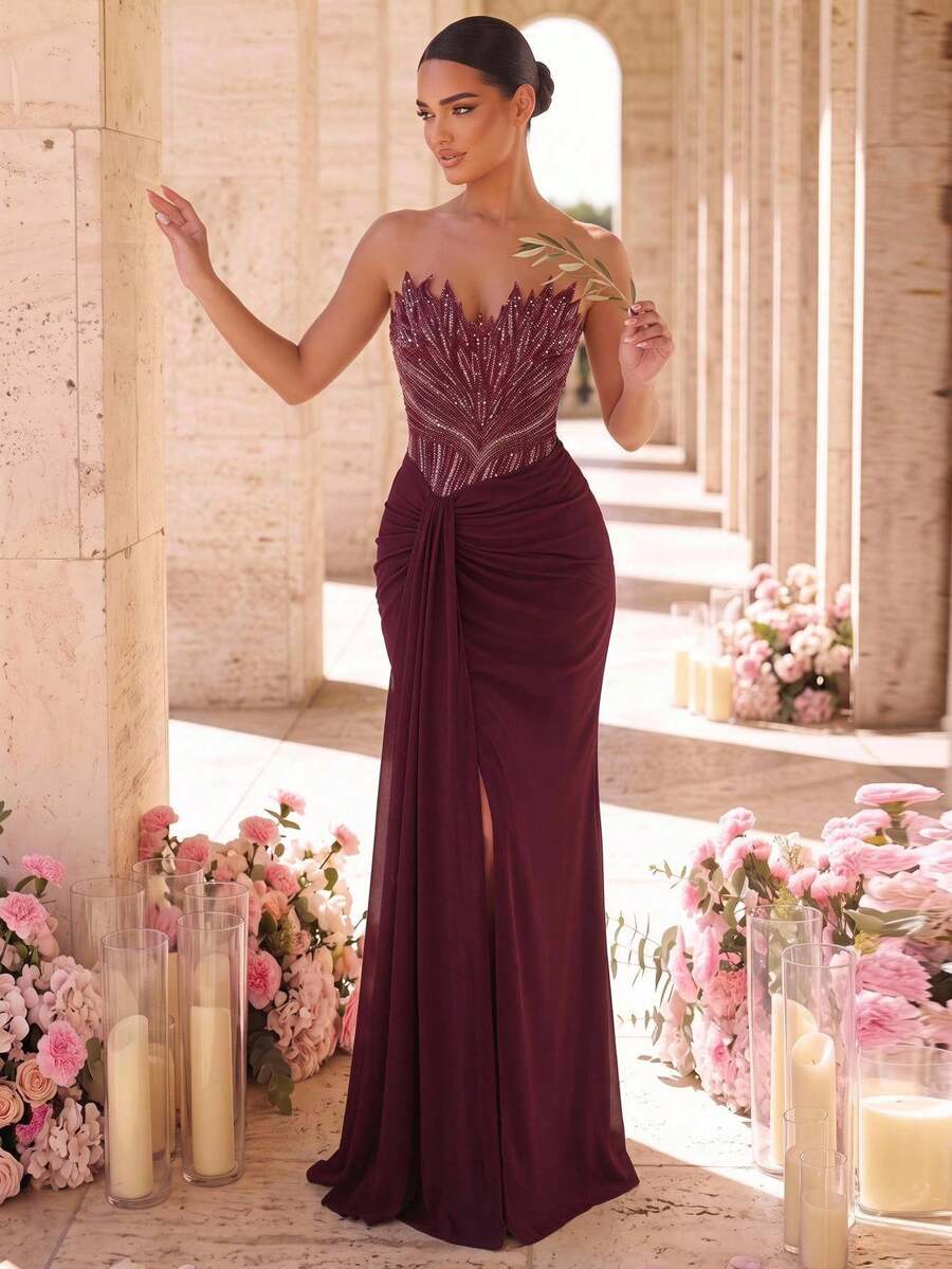 Glamrae Women's Strapless Colorblock Pleated Elegant Formal Vow Waist-Cinching Evening Prom Party Dress Wedding Burgundy Summer - Red - View 1
