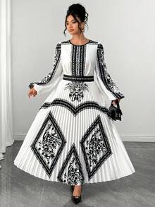 Elenzga Frühling Sommer Herbst Blumenmuster Ganzweiß Muster Rundhals Langarm Slim Fit gerafft A-Linie elegant 70er Jahre Lässig Große Größen Damenkleid Abend Party - Schwarz und Weiss - Übersicht 3