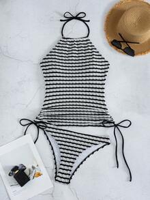 Swim Lushoire 女款白色抽繩紋理布料細肩帶露背度假背心比基尼沙灘派對夏季熱帶性感 - 黑與白 - 查看 5