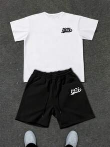 Manfinity EMRG Men's Letter Print Short Sleeve T-Shirt And Drawstring Waist Shorts Set - White - View 5