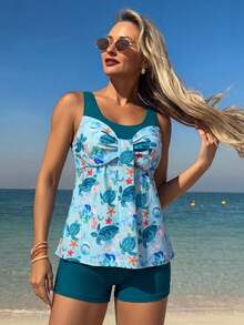 Swim Lushoire Women's 2-Piece Light Blue Teal Striped Tie-Dye Random Print Bow Front Round Neck Wide Strap Top + Mid-Waist Swim Bottom Tankini Set Beach - Multicolor - View 3