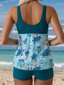 Swim Lushoire Women's 2-Piece Light Blue Teal Striped Tie-Dye Random Print Bow Front Round Neck Wide Strap Top + Mid-Waist Swim Bottom Tankini Set Beach - Multicolor - View 2