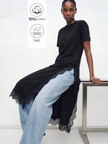 Lumivelle Spring/Summer New Women's Pure Cotton Lace Patchwork High Slit Waist-Cinching T-Shirt Dress, Daily Wear Design Solid Color Fitted Round Neck Roll Cuff - Black - View 4