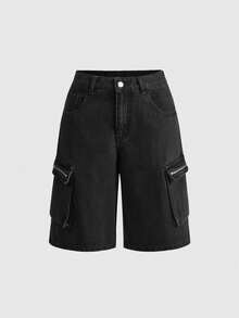 ROMWE Grunge Punk Women's Casual Streetwear Versatile Straight Leg Denim Mid-Length Pants With Pockets And Buttons For Daily Wear Everyday Daytime Black Summer - Black - View 1