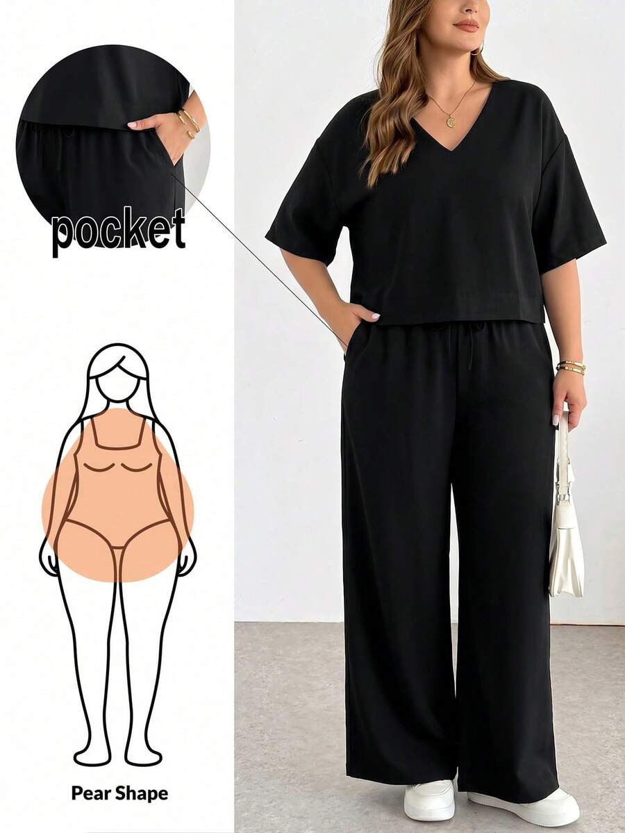 SHEIN Essnce 大尺碼女款春夏時尚休閒寬鬆涼爽舒適日常基礎百搭顯瘦V領短袖黑色短版上衣與寬腿褲兩件套，極簡風，戶外穿搭，夏季兩件套