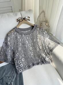 Comfortcana 加大码女式夏季假日派对 Y3k 西部星形网眼圆领短袖上衣，户外衬衫，灰色 - 灰色 - 查看 3